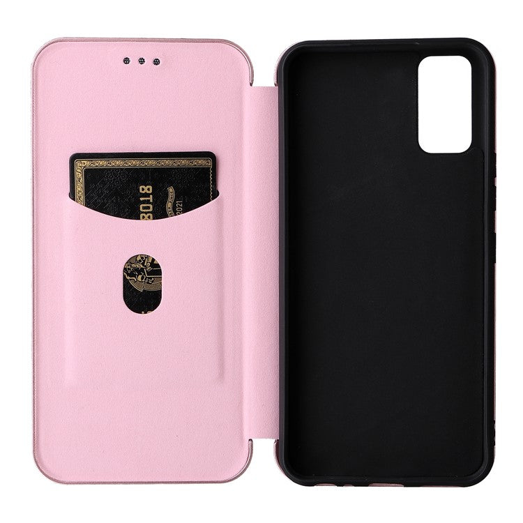 Carbon Fiber Texture Magnetic Auto Closing PU Leather Phone Case Cover with Stand and Card Slot for vivo Y3s (2021) - Rose Gold