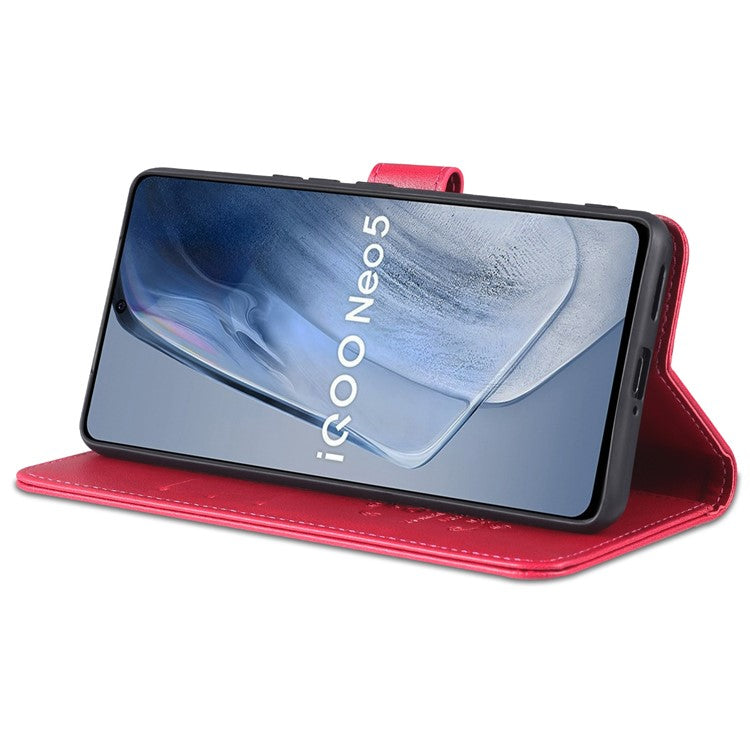AZNS Textured Leather Case Stand Wallet All-round Protection Phone Cover for vivo iQOO Neo5 - Red