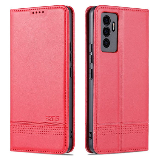 AZNS Book Stand PU Leather Phone Case Magnetic Auto-absorbed Wallet Flip Cover for vivo S10e / V23e 4G - Red