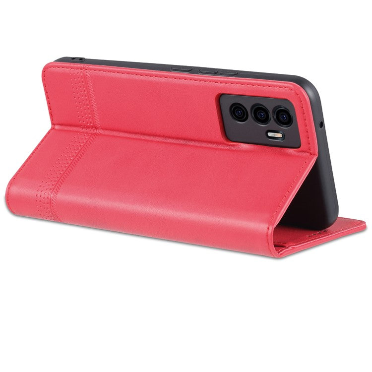 AZNS Book Stand PU Leather Phone Case Magnetic Auto-absorbed Wallet Flip Cover for vivo S10e / V23e 4G - Red