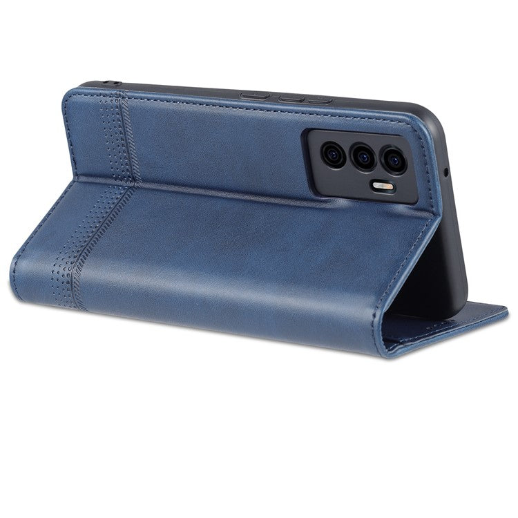 AZNS Book Stand PU Leather Phone Case Magnetic Auto-absorbed Wallet Flip Cover for vivo S10e / V23e 4G - Dark Blue