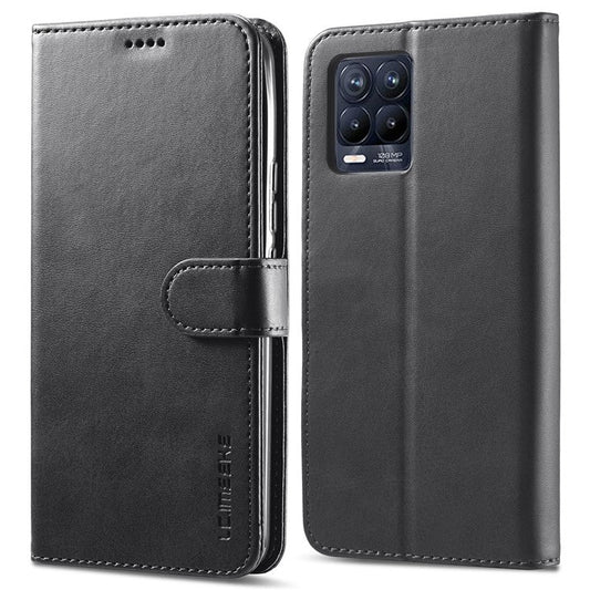 LC.IMEEKE PU Leather Flip Folio Stand Case Shockproof Wallet Phone Case Cover for Realme 8i/Narzo 50 4G - Black