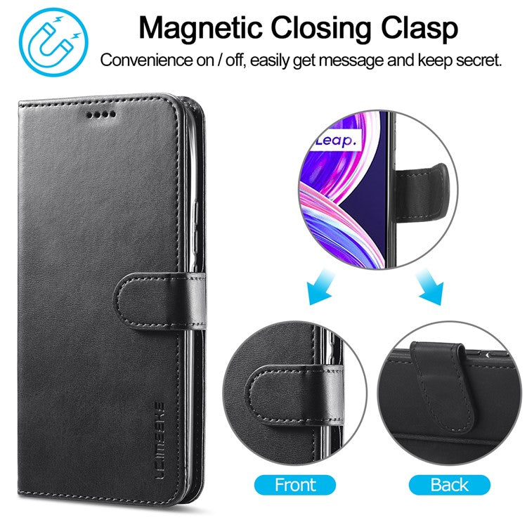 LC.IMEEKE PU Leather Flip Folio Stand Case Shockproof Wallet Phone Case Cover for Realme 8i/Narzo 50 4G - Black