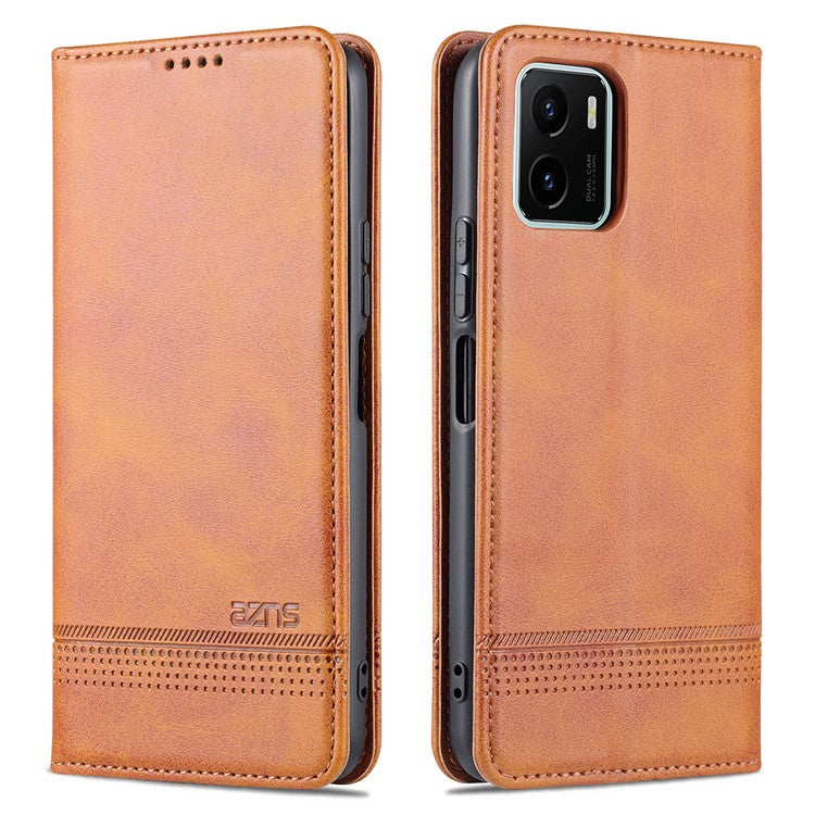 AZNS Magnetic Absorption PU Leather Flip Cover Stand Protective Wallet Phone Case for vivo Y15s / Y15a - Brown