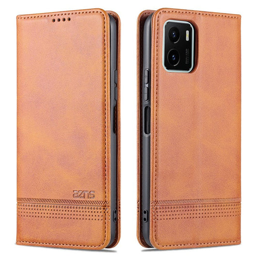 AZNS Magnetic Absorption PU Leather Flip Cover Stand Protective Wallet Phone Case for vivo Y15s / Y15a - Brown