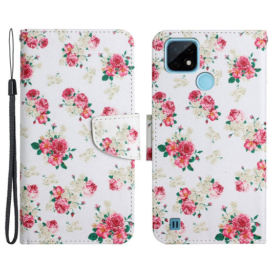 Cross Texture Pattern Printing Phone Case Stand Wallet Shockproof Leather Cover with Wrist Strap for Realme C21 - Red Peony