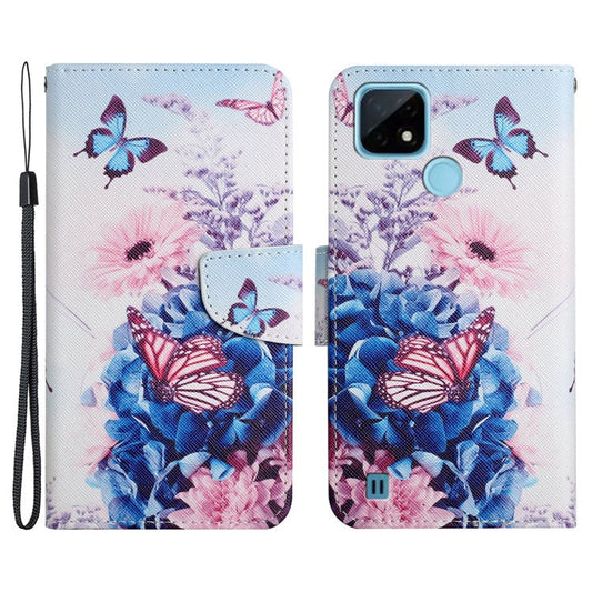 Cross Texture Pattern Printing Phone Case Stand Wallet Shockproof Leather Cover with Wrist Strap for Realme C21 - Purple Butterfly