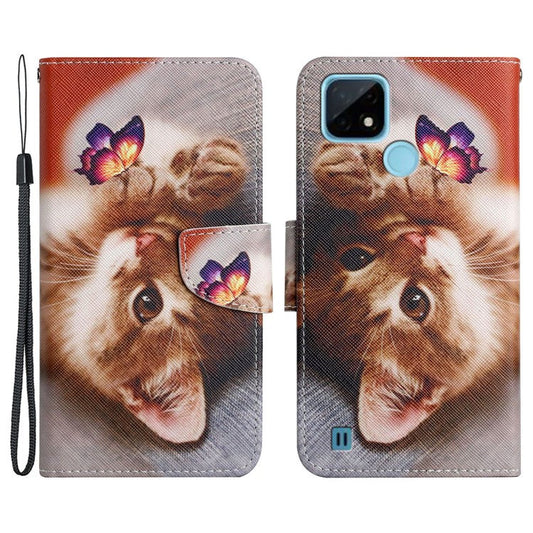 Cross Texture Pattern Printing Phone Case Stand Wallet Shockproof Leather Cover with Wrist Strap for Realme C21 - Butterfly and Kitten
