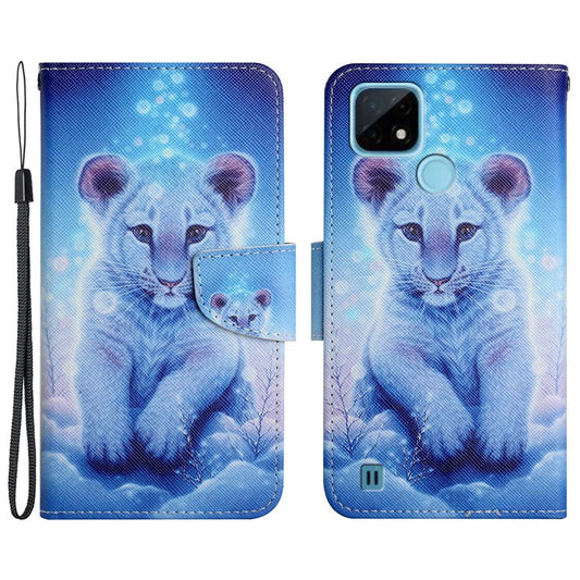 Cross Texture Pattern Printing Phone Case Stand Wallet Shockproof Leather Cover with Wrist Strap for Realme C21 - Leopard