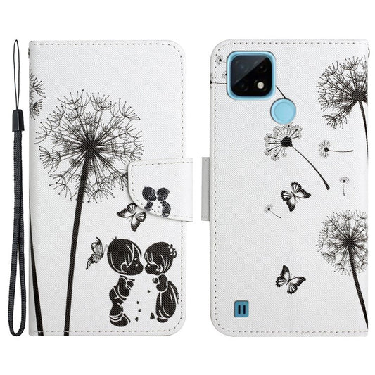 Cross Texture Pattern Printing Phone Case Stand Wallet Shockproof Leather Cover with Wrist Strap for Realme C21 - Dandelion