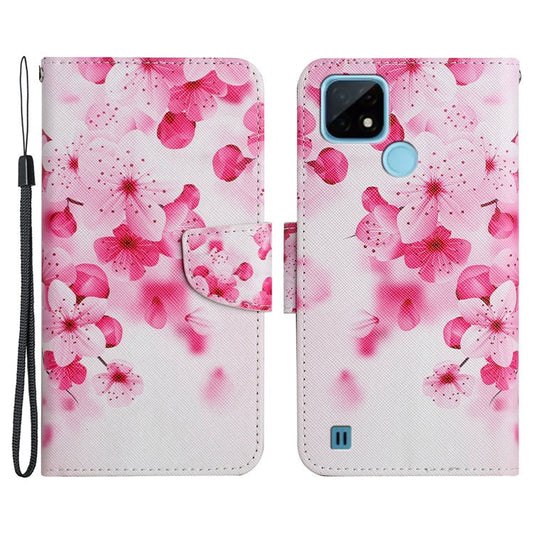 Cross Texture Pattern Printing Phone Case Stand Wallet Shockproof Leather Cover with Wrist Strap for Realme C21 - Red Flower