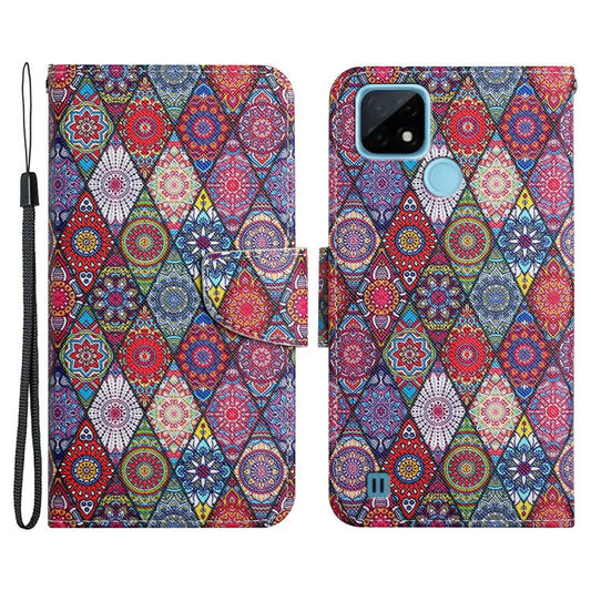 Cross Texture Pattern Printing Phone Case Stand Wallet Shockproof Leather Cover with Wrist Strap for Realme C21 - Kaleidoscope