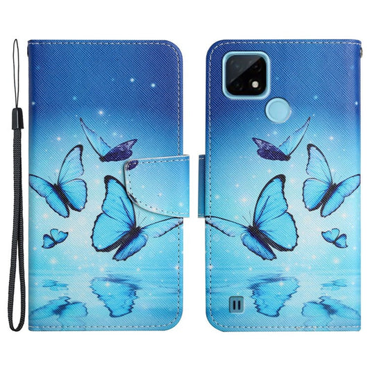 Cross Texture Pattern Printing Phone Case Stand Wallet Shockproof Leather Cover with Wrist Strap for Realme C21 - Flying Butterfly