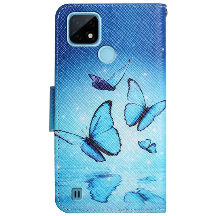 Cross Texture Pattern Printing Phone Case Stand Wallet Shockproof Leather Cover with Wrist Strap for Realme C21 - Flying Butterfly