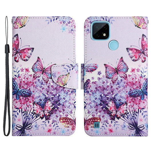 Cross Texture Pattern Printing Phone Case Stand Wallet Shockproof Leather Cover with Wrist Strap for Realme C21 - Beautiful Butterfly