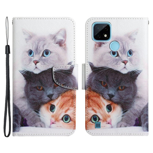 Cross Texture Pattern Printing Phone Case Stand Wallet Shockproof Leather Cover with Wrist Strap for Realme C21 - Three Cats