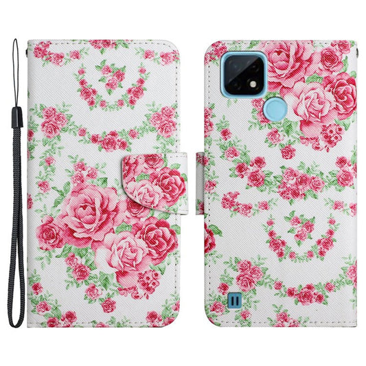 Cross Texture Pattern Printing Phone Case Stand Wallet Shockproof Leather Cover with Wrist Strap for Realme C21 - Rose