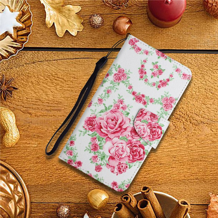 Cross Texture Pattern Printing Phone Case Stand Wallet Shockproof Leather Cover with Wrist Strap for Realme C21 - Rose