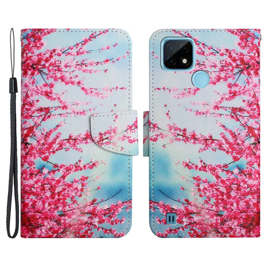 Cross Texture Pattern Printing Phone Case Stand Wallet Shockproof Leather Cover with Wrist Strap for Realme C21 - Red Sakura