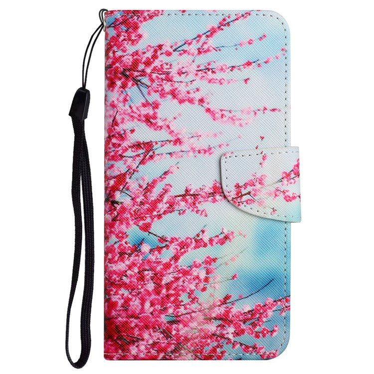 Cross Texture Pattern Printing Phone Case Stand Wallet Shockproof Leather Cover with Wrist Strap for Realme C21 - Red Sakura