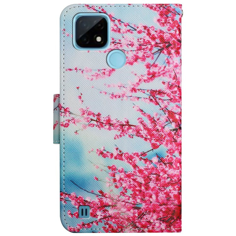 Cross Texture Pattern Printing Phone Case Stand Wallet Shockproof Leather Cover with Wrist Strap for Realme C21 - Red Sakura