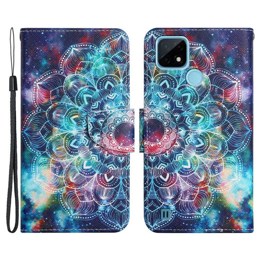 Cross Texture Pattern Printing Phone Case Stand Wallet Shockproof Leather Cover with Wrist Strap for Realme C21 - Mandala Flower