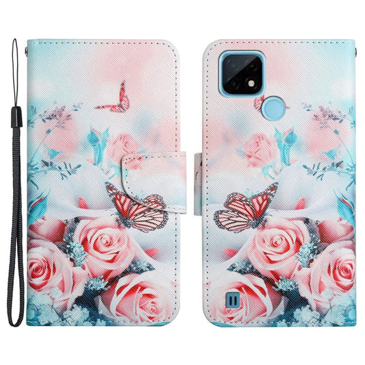 Cross Texture Pattern Printing Phone Case Stand Wallet Shockproof Leather Cover with Wrist Strap for Realme C21 - Peony and Butterfly