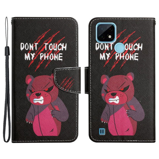 Cross Texture Pattern Printing Phone Case Stand Wallet Shockproof Leather Cover with Wrist Strap for Realme C21 - Red Bear