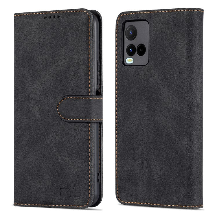 AZNS Phone Cover Drop-proof Magnetic Closure PU Leather Flip Wallet Stand Well-protected Phone Shell for vivo Y21/Y21s/Y33s - Black