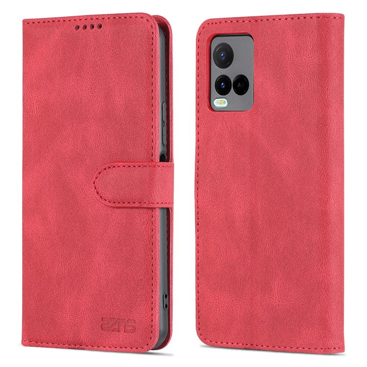 AZNS Phone Cover Drop-proof Magnetic Closure PU Leather Flip Wallet Stand Well-protected Phone Shell for vivo Y21/Y21s/Y33s - Red