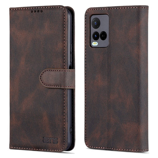 AZNS Phone Cover Drop-proof Magnetic Closure PU Leather Flip Wallet Stand Well-protected Phone Shell for vivo Y21/Y21s/Y33s - Brown