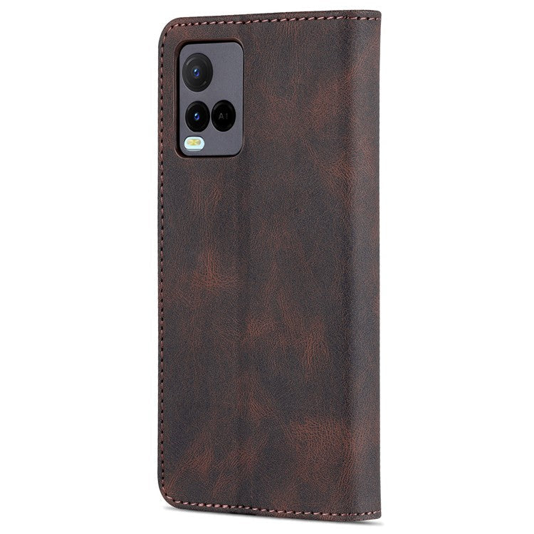 AZNS Phone Cover Drop-proof Magnetic Closure PU Leather Flip Wallet Stand Well-protected Phone Shell for vivo Y21/Y21s/Y33s - Brown