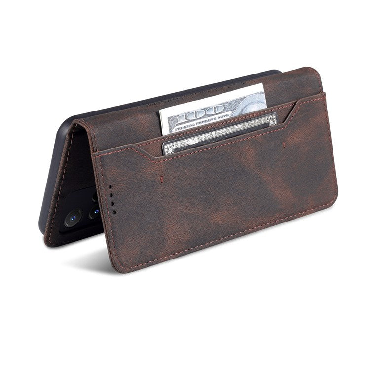 AZNS Phone Cover Drop-proof Magnetic Closure PU Leather Flip Wallet Stand Well-protected Phone Shell for vivo Y21/Y21s/Y33s - Brown