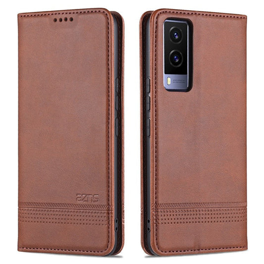 AZNS Magnetic Auto-absorbed Full Protection Cover PU Leather Stand Wallet Phone Case for vivo Y71t 5G/V21e 5G - Coffee