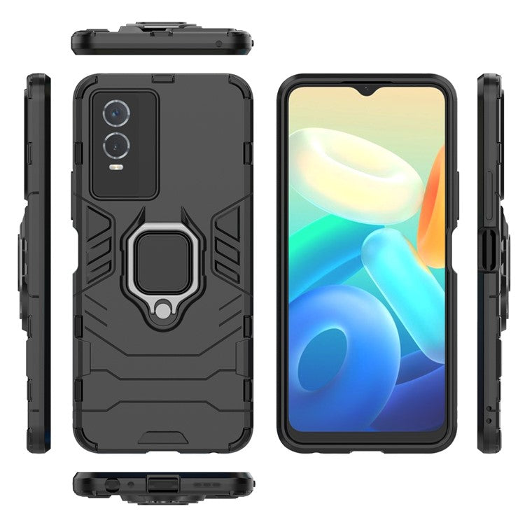 Drop Protection Hard PC Flexible TPU Shock Absorption Kickstand Case for vivo Y76s - Black