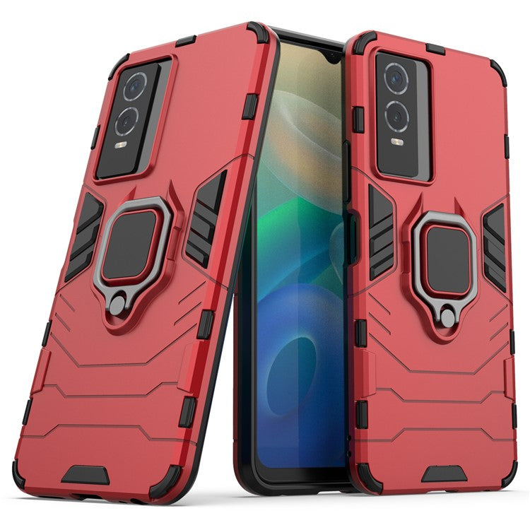 Drop Protection Hard PC Flexible TPU Shock Absorption Kickstand Case for vivo Y76s - Red