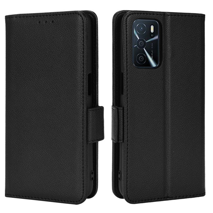 Stand Magnetic Closure Litchi Texture PU Leather Wallet Case Shockproof TPU Flip Cover for Oppo A54s / A16s / A16 / A54 4G / A55 4G/5G / A53s 5G - Black