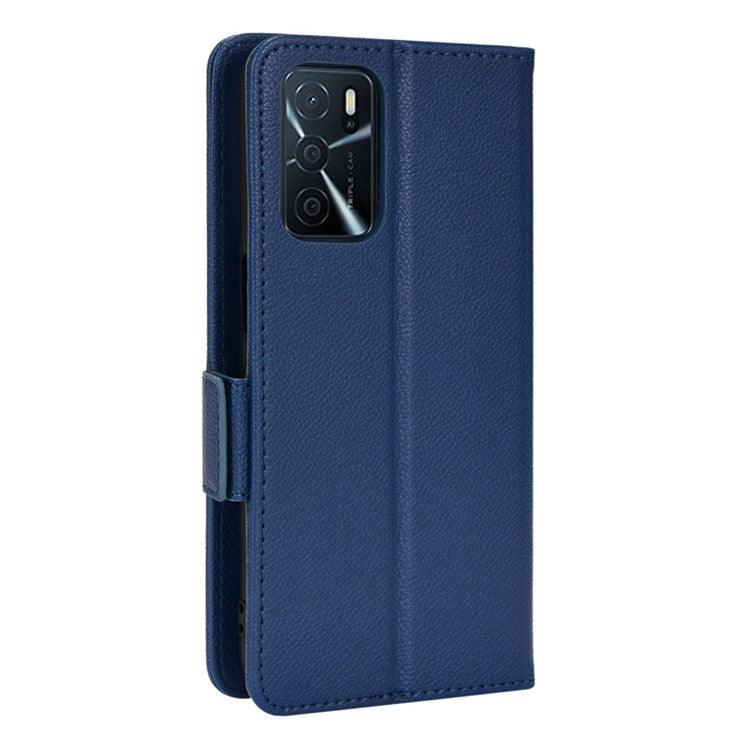 Stand Magnetic Closure Litchi Texture PU Leather Wallet Case Shockproof TPU Flip Cover for Oppo A54s / A16s / A16 / A54 4G / A55 4G/5G / A53s 5G - Dark Blue