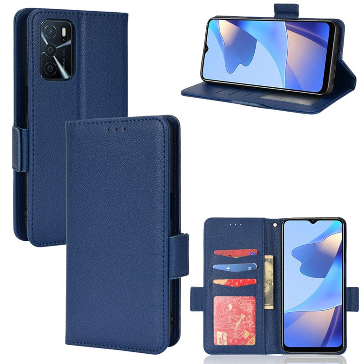 Stand Magnetic Closure Litchi Texture PU Leather Wallet Case Shockproof TPU Flip Cover for Oppo A54s / A16s / A16 / A54 4G / A55 4G/5G / A53s 5G - Dark Blue