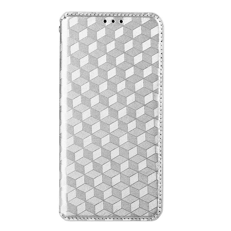 Scratch Resistant PU Leather + TPU Phone Case Imprinted 3D Rhombus Pattern Protective Cover Shell with Stand Wallet for vivo Y33s 4G / Y21 / Y21s / Y32 4G / Y21t 4G / Y21e 4G / Y21a 4G / Y21G / T1X 4G / Y33t - Silver