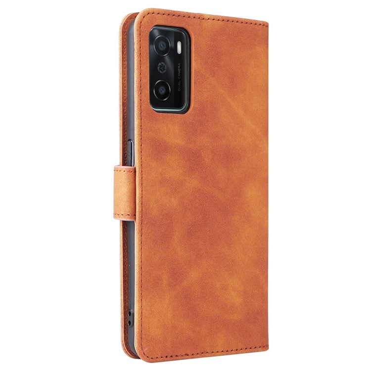 Skin-touch Feeling PU Leather + TPU Folio Flip Wallet Stand Phone Cover Case for Oppo A55s 5G - Brown