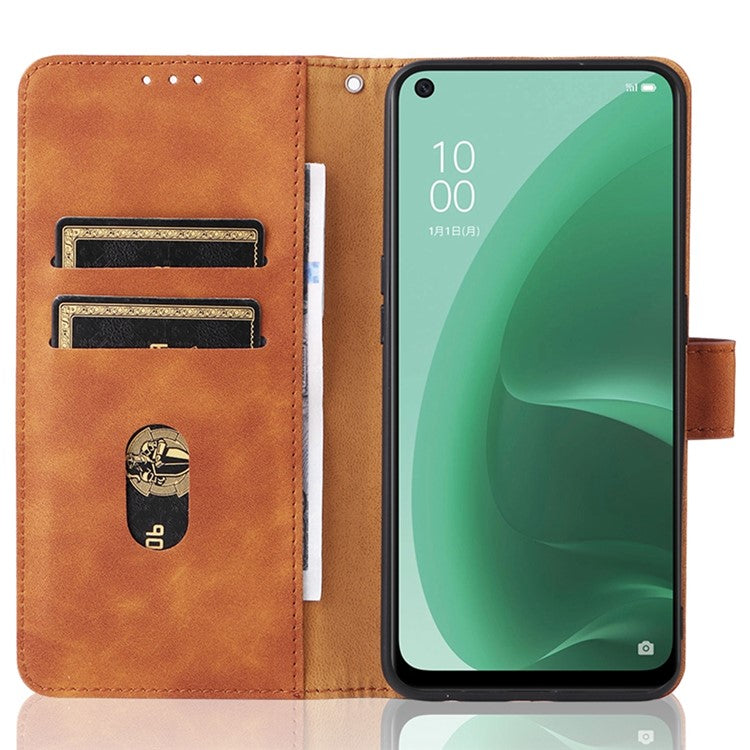 Skin-touch Feeling PU Leather + TPU Folio Flip Wallet Stand Phone Cover Case for Oppo A55s 5G - Brown