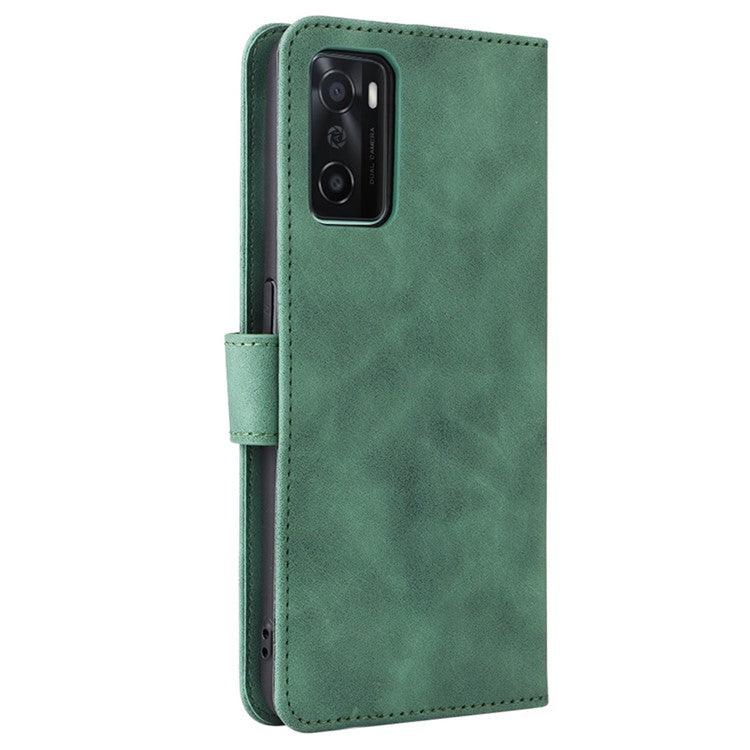 Skin-touch Feeling PU Leather + TPU Folio Flip Wallet Stand Phone Cover Case for Oppo A55s 5G - Green