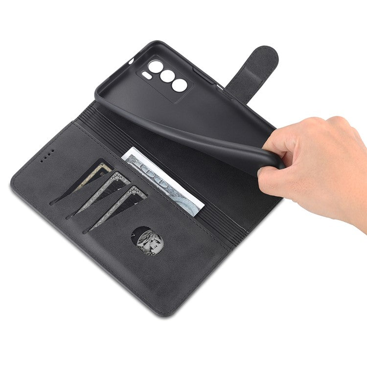 AZNS Fall Prevention PU Leather Wallet Stand Protective Phone Case Cover for vivo T1 5G - Black