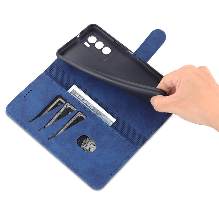 AZNS Fall Prevention PU Leather Wallet Stand Protective Phone Case Cover for vivo T1 5G - Blue