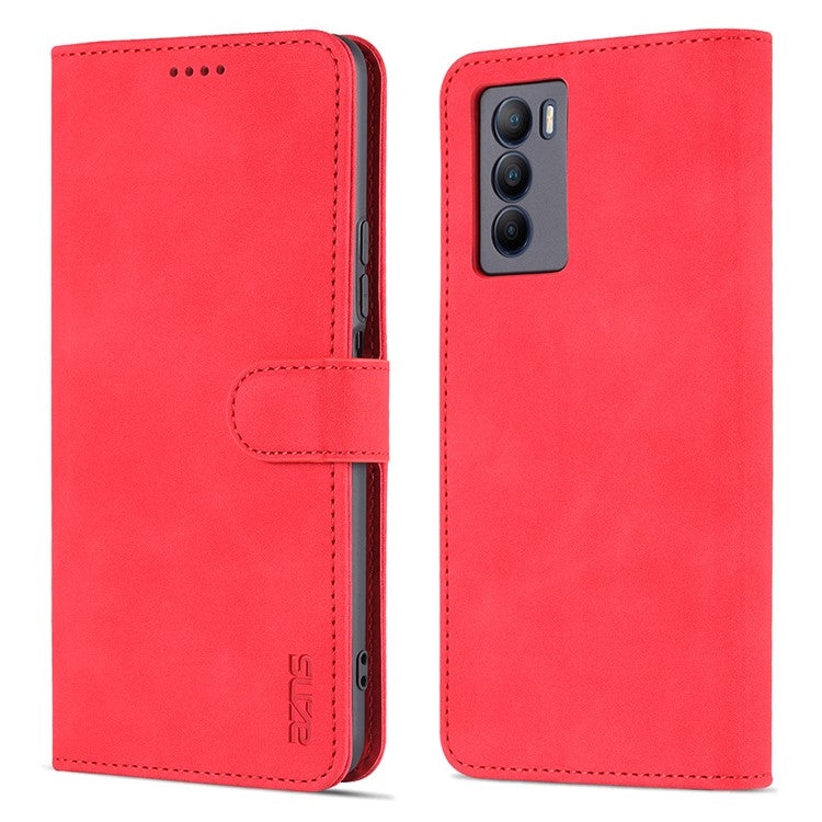 AZNS Fall Prevention PU Leather Wallet Stand Protective Phone Case Cover for vivo T1 5G - Red