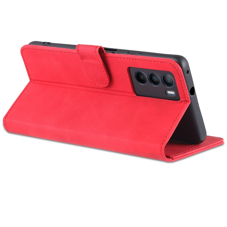 AZNS Fall Prevention PU Leather Wallet Stand Protective Phone Case Cover for vivo T1 5G - Red