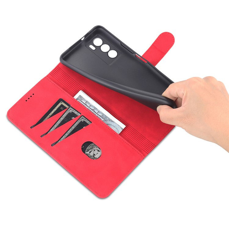 AZNS Fall Prevention PU Leather Wallet Stand Protective Phone Case Cover for vivo T1 5G - Red