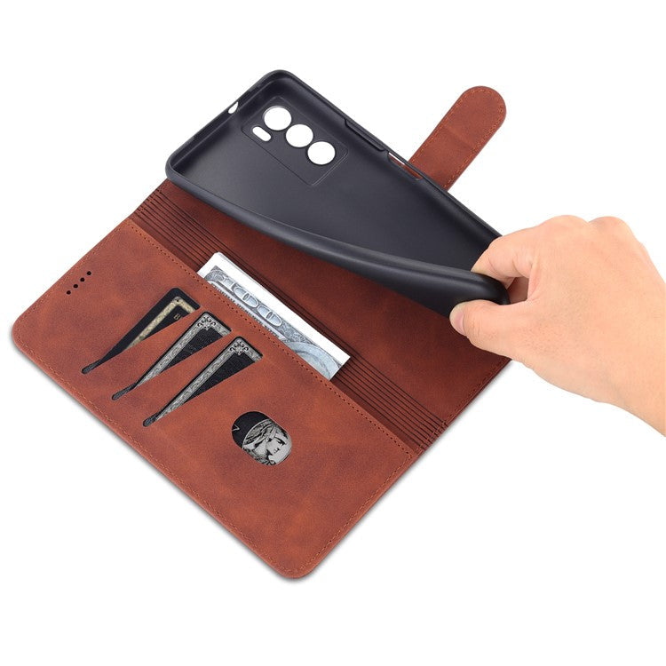 AZNS Fall Prevention PU Leather Wallet Stand Protective Phone Case Cover for vivo T1 5G - Brown