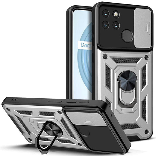 Anti-fall Phone Case Camera Slide Cover PC + TPU Hybrid Protective Shell with Ring Kickstand for Realme C21Y - Silver